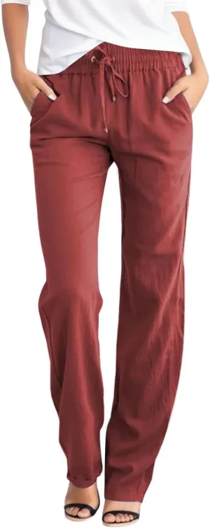 Aniwyn Cotton Linen Pants Women Straight Leg Beach Lightweight Elastic High Waist Boho Sweatpant Loose Comfy Palazzo Trousers