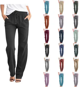 Aniwyn Cotton Linen Pants Women Straight Leg Beach Lightweight Elastic High Waist Boho Sweatpant Loose Comfy Palazzo Trousers