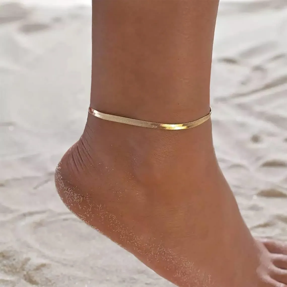 Ankle Bracelets for Women Dainty 18K Gold Plated Anklet Waterproof Round Beaded Paperclip Herringbone Pearl Chain Anklets Waterproof Beach Foot Jewelry