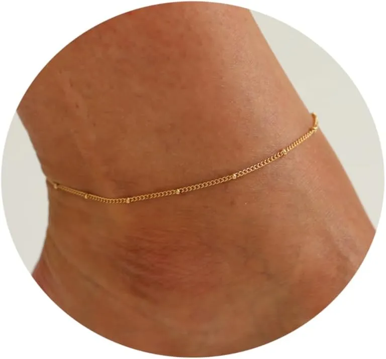 Ankle Bracelets for Women Dainty 18K Gold Plated Anklet Waterproof Round Beaded Paperclip Herringbone Pearl Chain Anklets Waterproof Beach Foot Jewelry