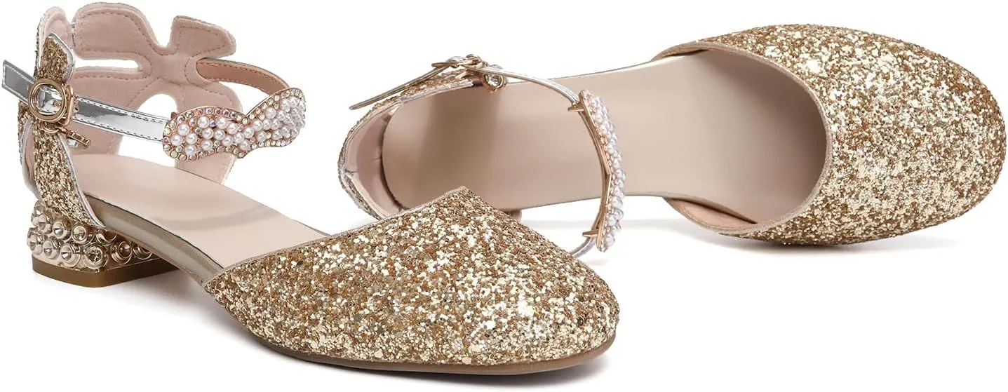AOQUNFS Girls Dress Shoes Sequin Latin Ballroom Dance Shoes Mary Jane Low Heels Wedding Party Sandals,DS-63