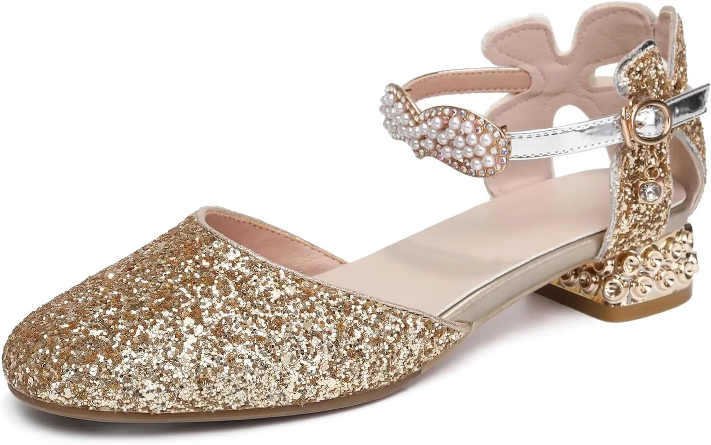 AOQUNFS Girls Dress Shoes Sequin Latin Ballroom Dance Shoes Mary Jane Low Heels Wedding Party Sandals,DS-63