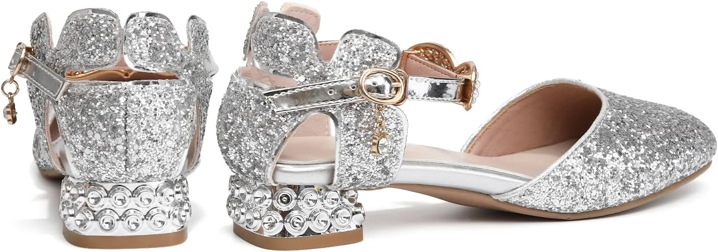 AOQUNFS Girls Dress Shoes Sequin Latin Ballroom Dance Shoes Mary Jane Low Heels Wedding Party Sandals,DS-63