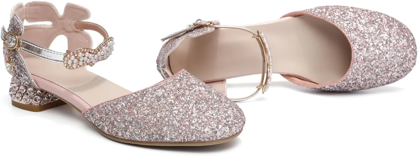 AOQUNFS Girls Dress Shoes Sequin Latin Ballroom Dance Shoes Mary Jane Low Heels Wedding Party Sandals,DS-63