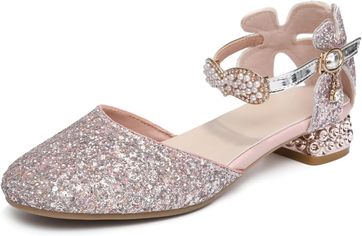 AOQUNFS Girls Dress Shoes Sequin Latin Ballroom Dance Shoes Mary Jane Low Heels Wedding Party Sandals,DS-63