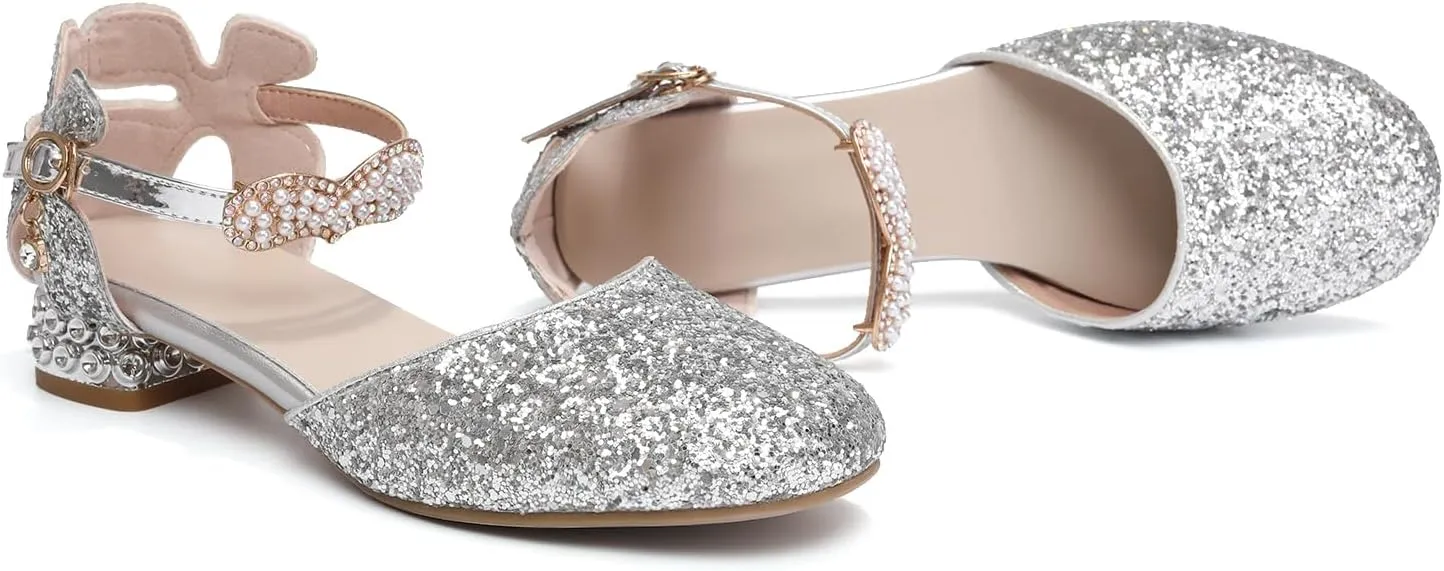 AOQUNFS Girls Dress Shoes Sequin Latin Ballroom Dance Shoes Mary Jane Low Heels Wedding Party Sandals,DS-63
