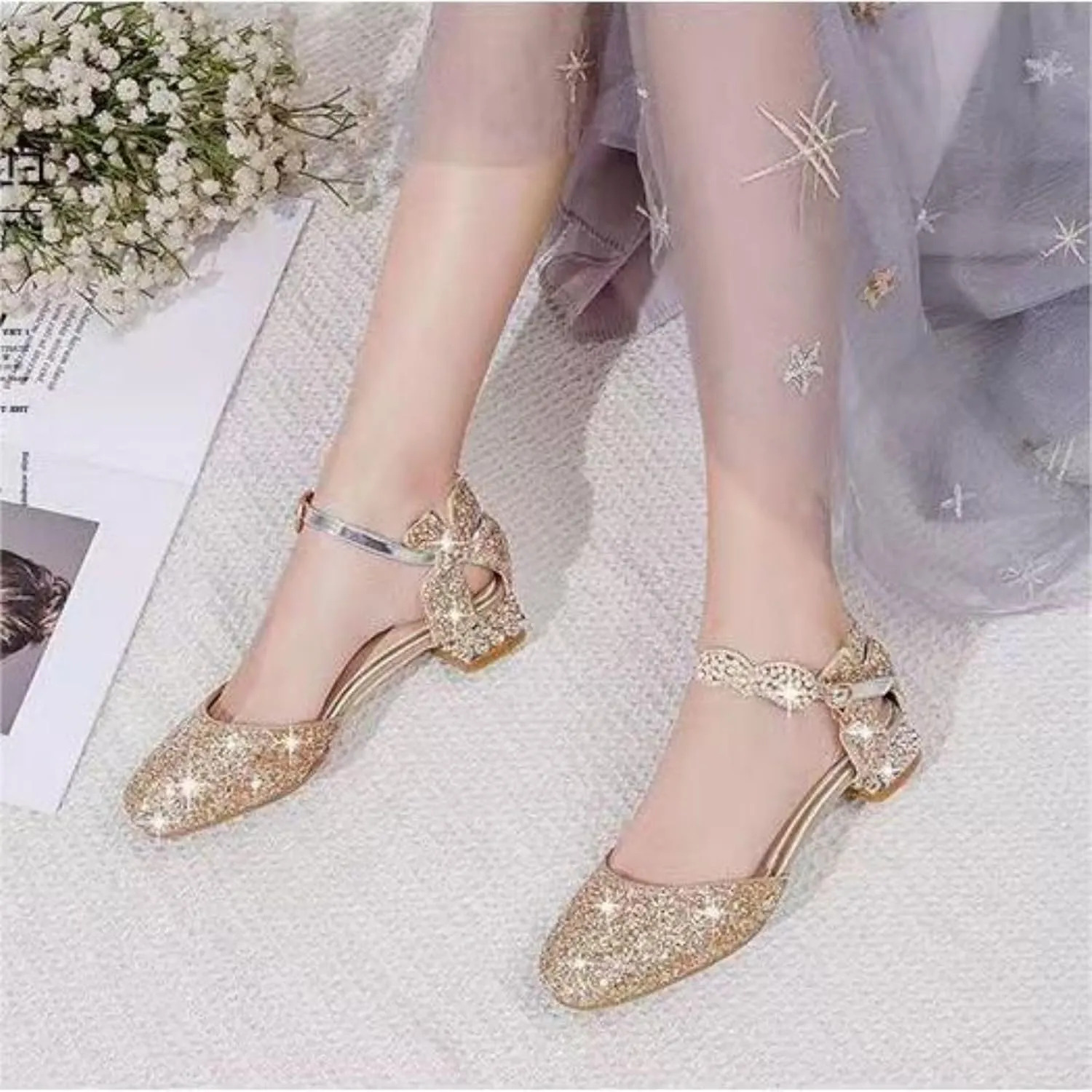 AOQUNFS Girls Dress Shoes Sequin Latin Ballroom Dance Shoes Mary Jane Low Heels Wedding Party Sandals,DS-63