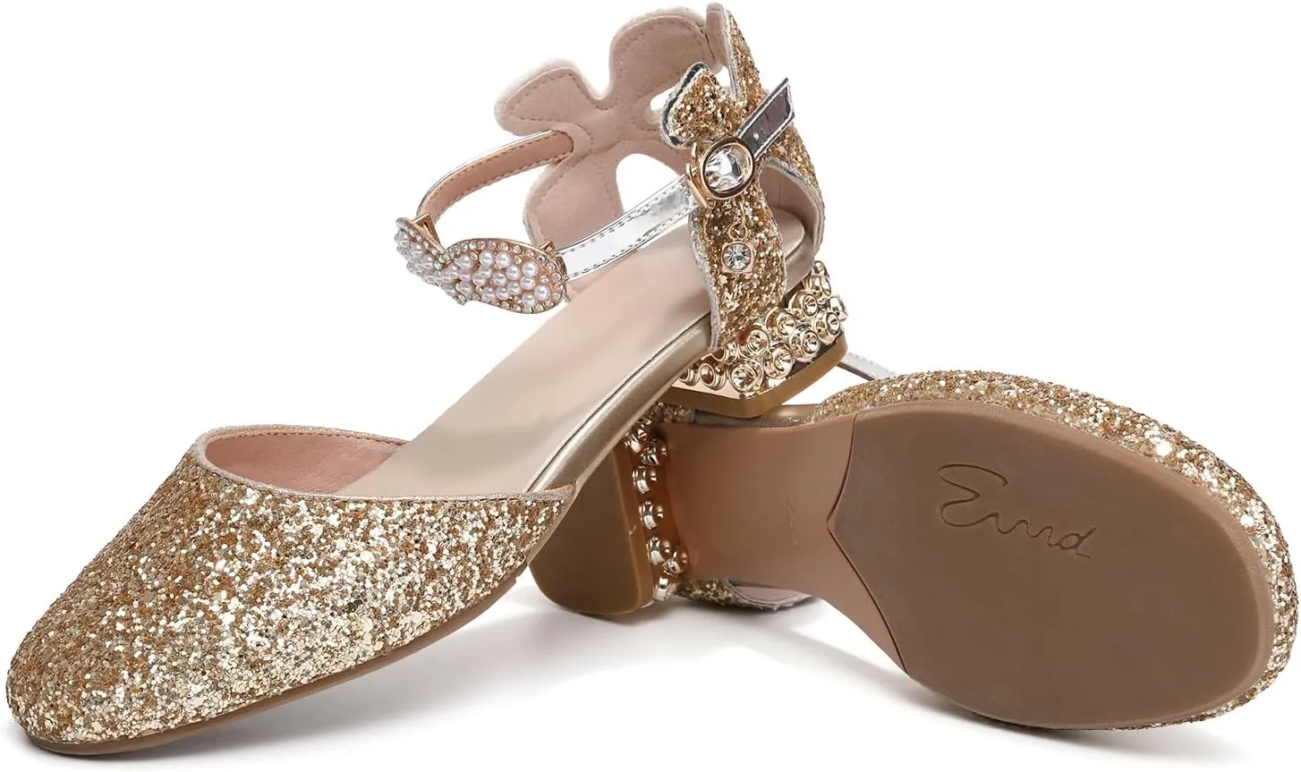 AOQUNFS Girls Dress Shoes Sequin Latin Ballroom Dance Shoes Mary Jane Low Heels Wedding Party Sandals,DS-63
