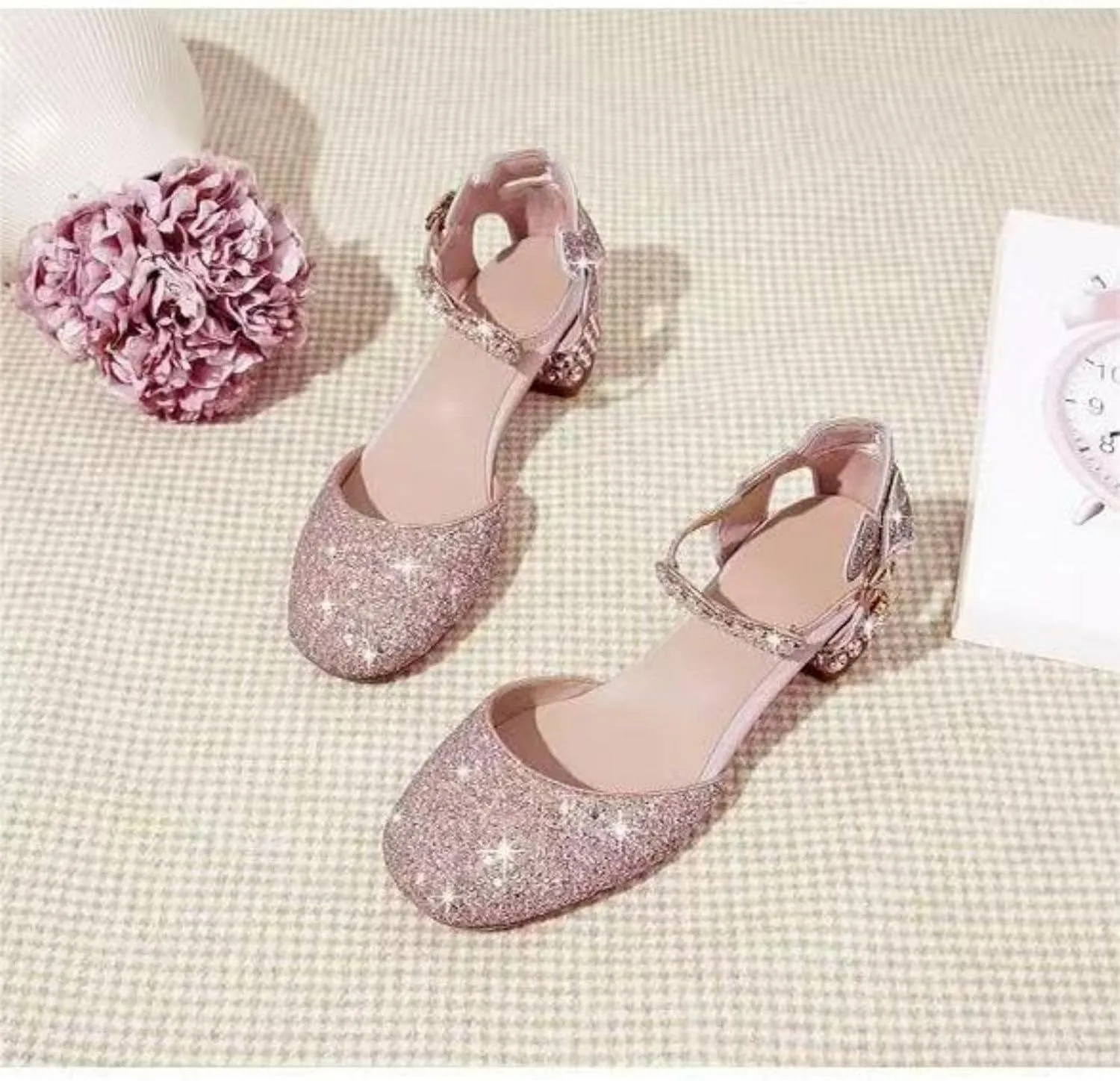 AOQUNFS Girls Dress Shoes Sequin Latin Ballroom Dance Shoes Mary Jane Low Heels Wedding Party Sandals,DS-63