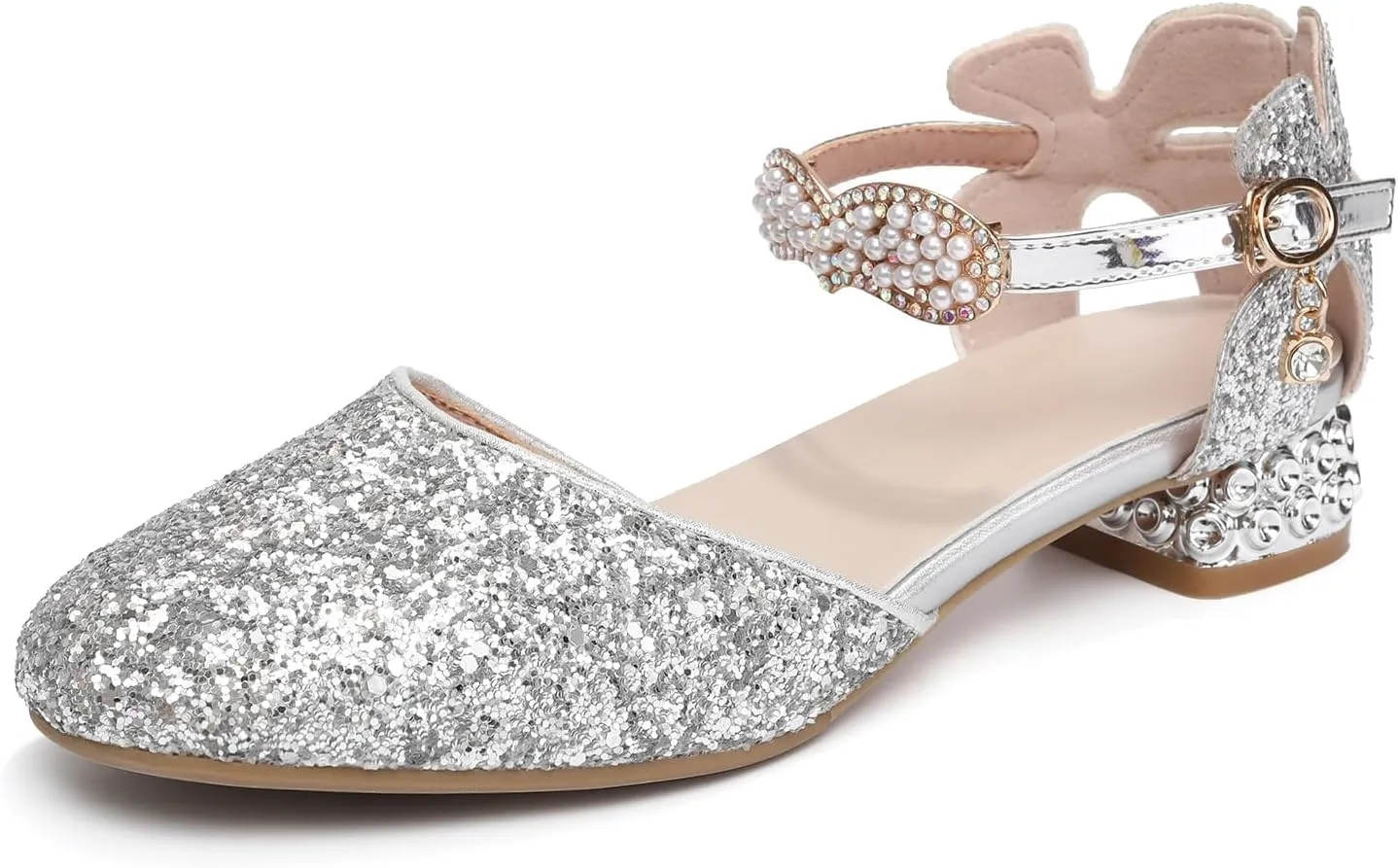 AOQUNFS Girls Dress Shoes Sequin Latin Ballroom Dance Shoes Mary Jane Low Heels Wedding Party Sandals,DS-63