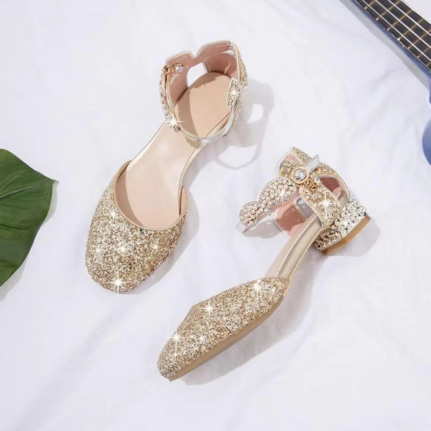 AOQUNFS Girls Dress Shoes Sequin Latin Ballroom Dance Shoes Mary Jane Low Heels Wedding Party Sandals,DS-63