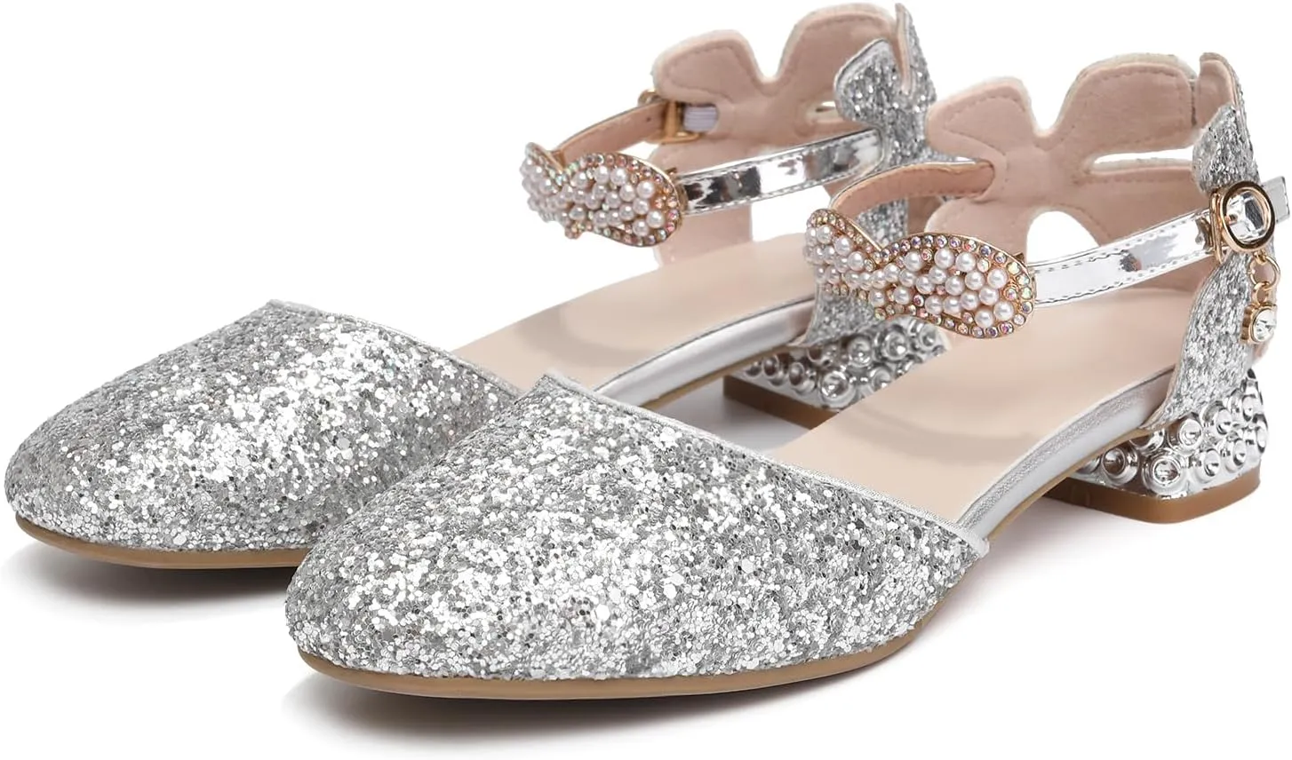 AOQUNFS Girls Dress Shoes Sequin Latin Ballroom Dance Shoes Mary Jane Low Heels Wedding Party Sandals,DS-63