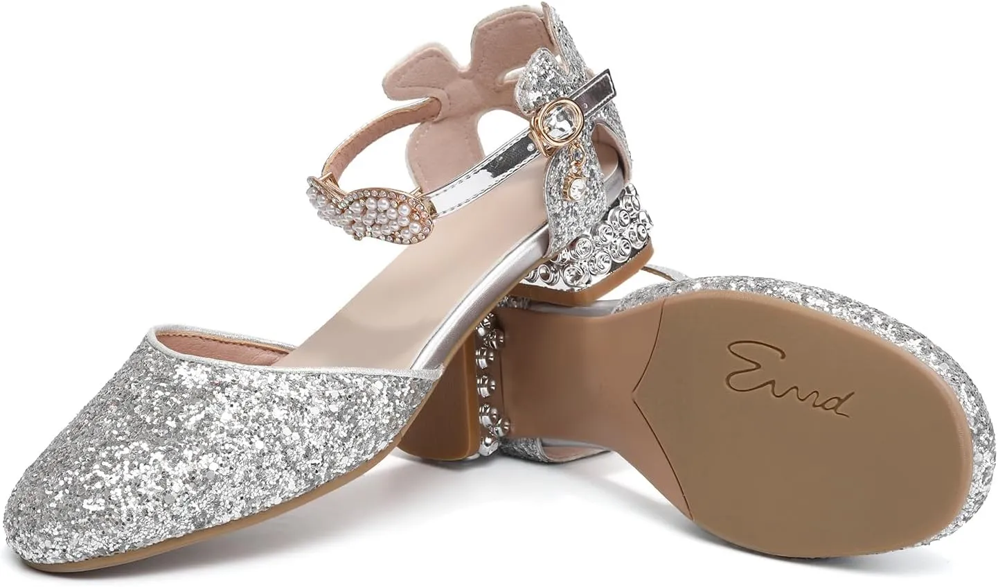 AOQUNFS Girls Dress Shoes Sequin Latin Ballroom Dance Shoes Mary Jane Low Heels Wedding Party Sandals,DS-63