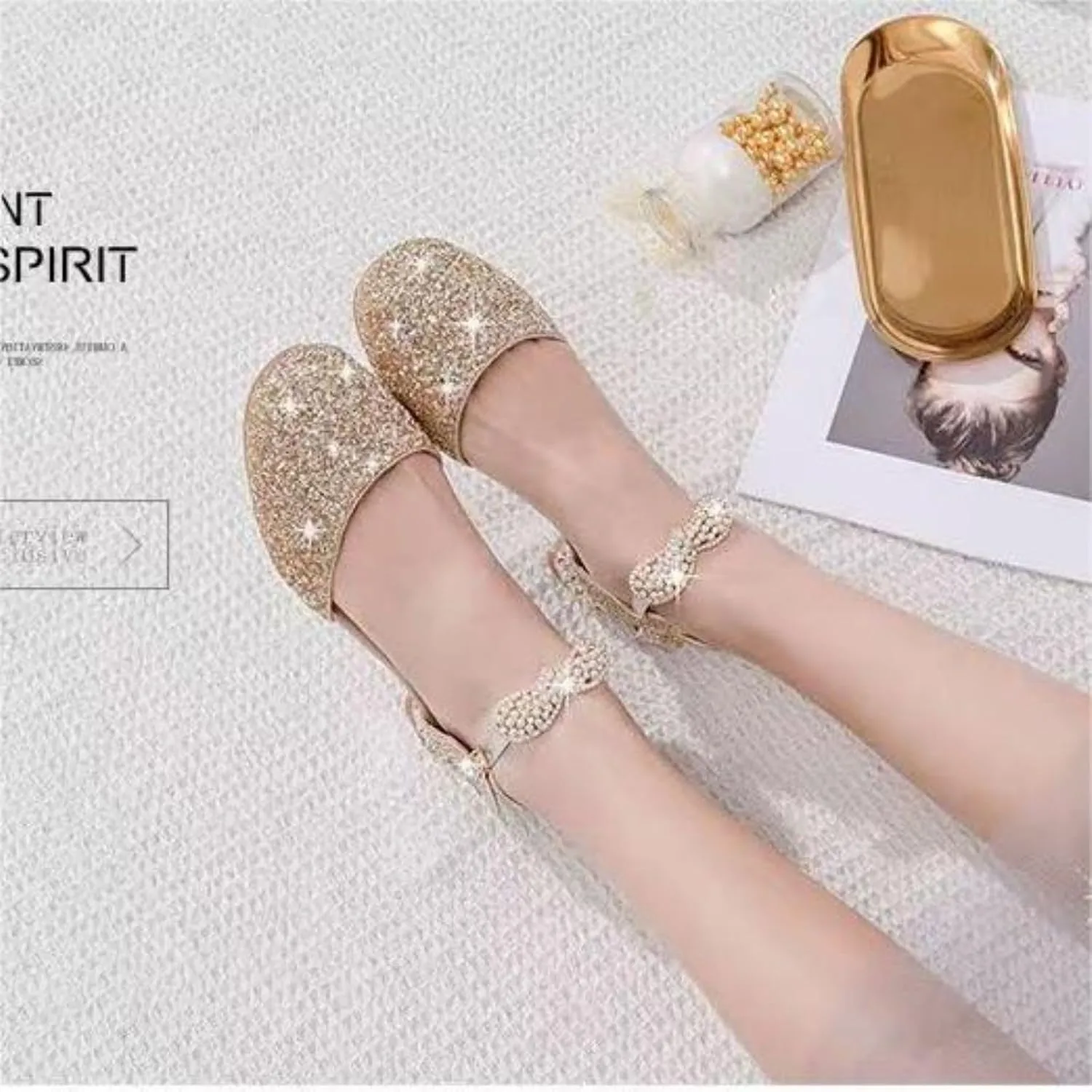 AOQUNFS Girls Dress Shoes Sequin Latin Ballroom Dance Shoes Mary Jane Low Heels Wedding Party Sandals,DS-63