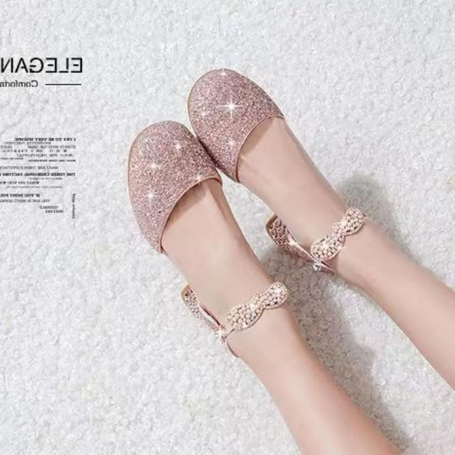 AOQUNFS Girls Dress Shoes Sequin Latin Ballroom Dance Shoes Mary Jane Low Heels Wedding Party Sandals,DS-63