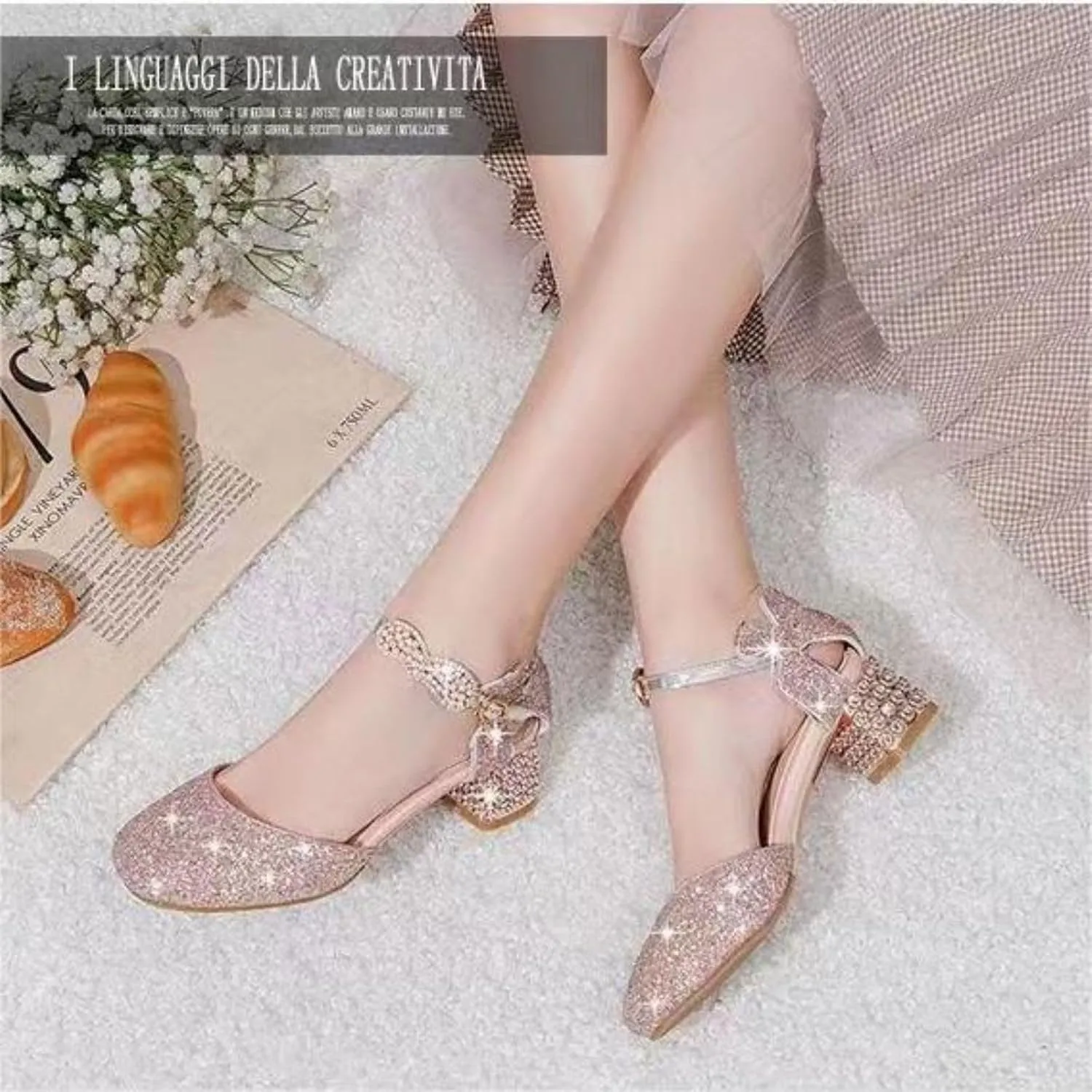 AOQUNFS Girls Dress Shoes Sequin Latin Ballroom Dance Shoes Mary Jane Low Heels Wedding Party Sandals,DS-63