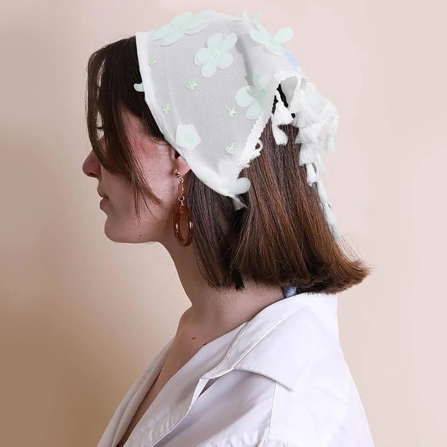 AWAYTR Floral Tassels Hair Scarf Headband - 2PCS Hair Bandana Scarf With Tassels Tie Back Head Kerchief Headband for Women and Girls (Mesh (Embroidered flower))