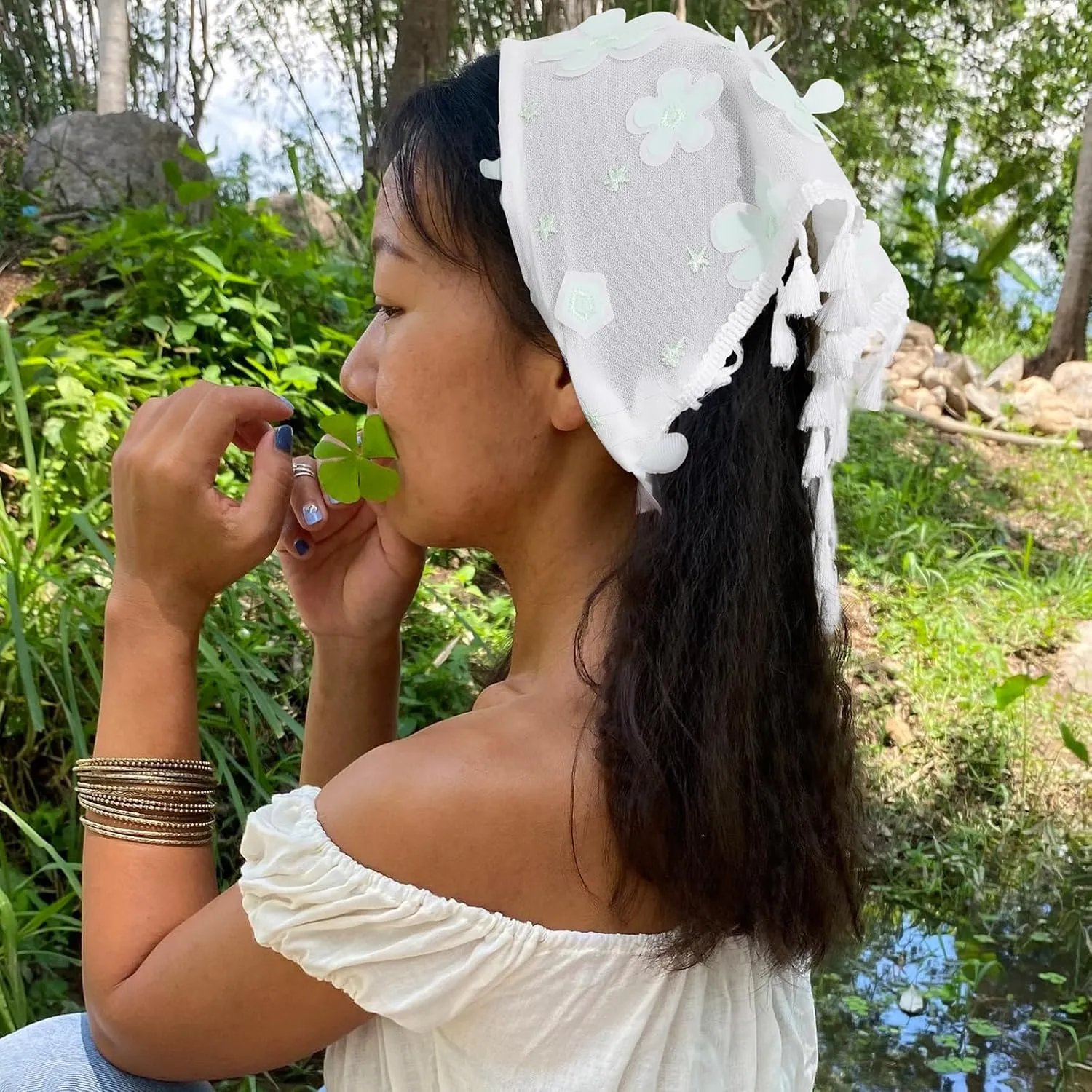 AWAYTR Floral Tassels Hair Scarf Headband - 2PCS Hair Bandana Scarf With Tassels Tie Back Head Kerchief Headband for Women and Girls (Mesh (Embroidered flower))