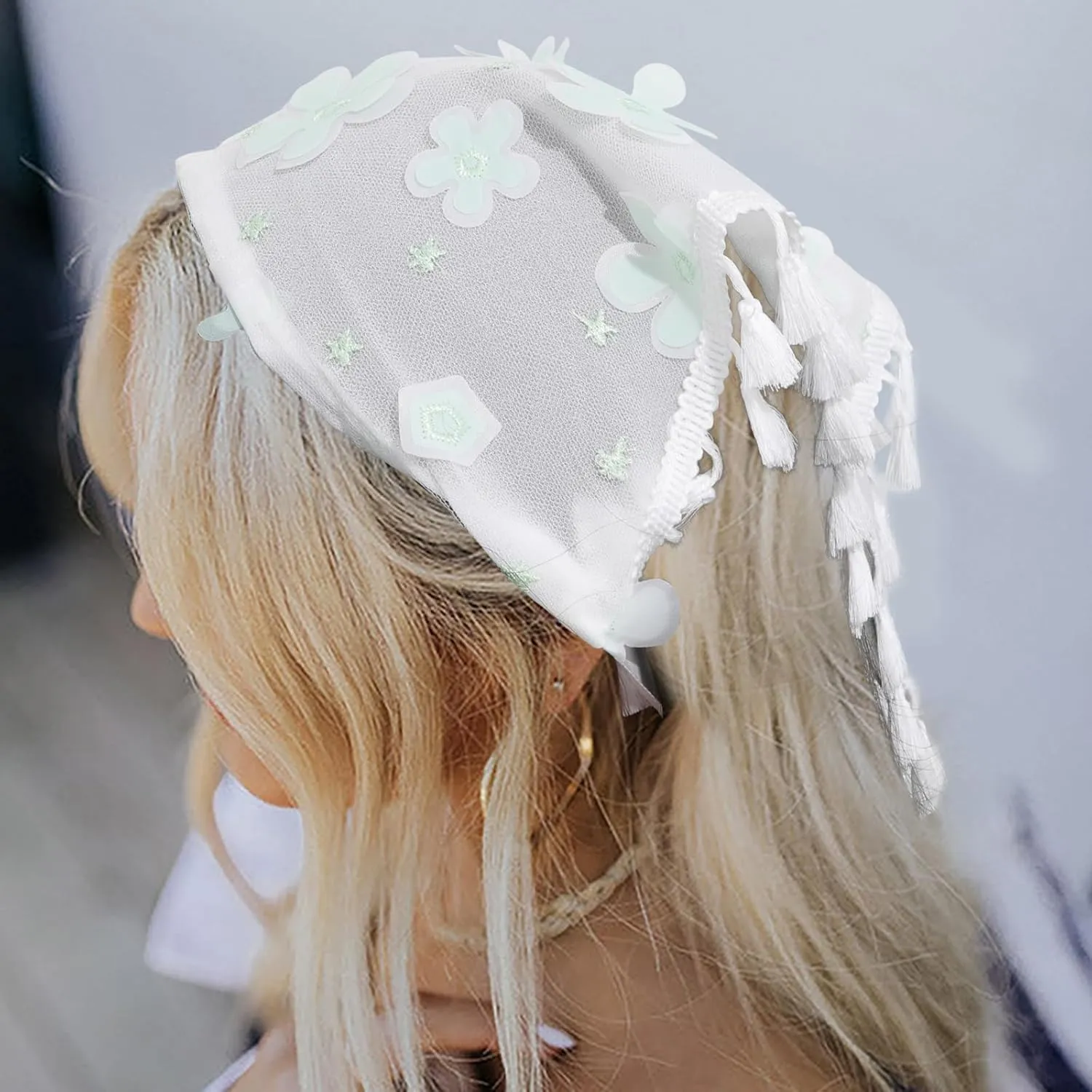 AWAYTR Floral Tassels Hair Scarf Headband - 2PCS Hair Bandana Scarf With Tassels Tie Back Head Kerchief Headband for Women and Girls (Mesh (Embroidered flower))