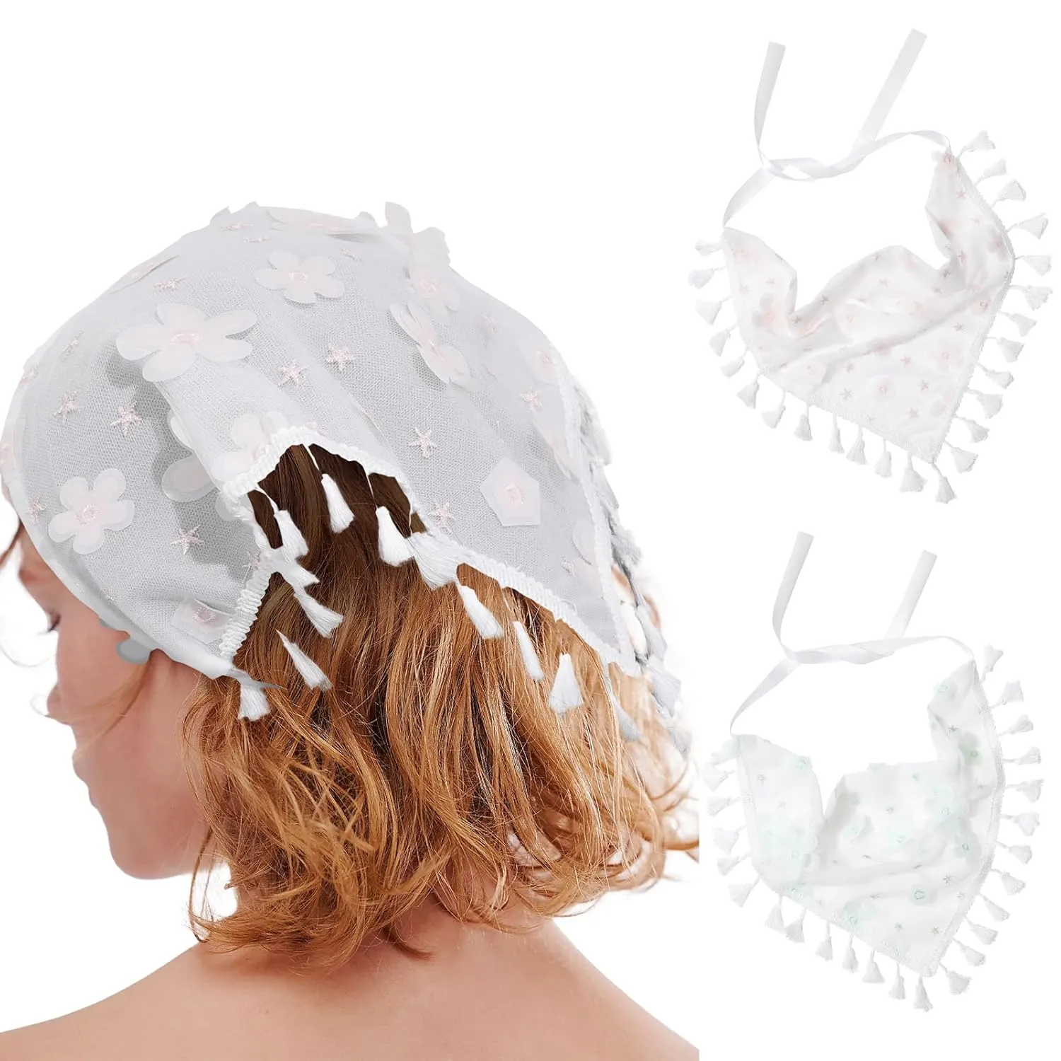 AWAYTR Floral Tassels Hair Scarf Headband - 2PCS Hair Bandana Scarf With Tassels Tie Back Head Kerchief Headband for Women and Girls (Mesh (Embroidered flower))