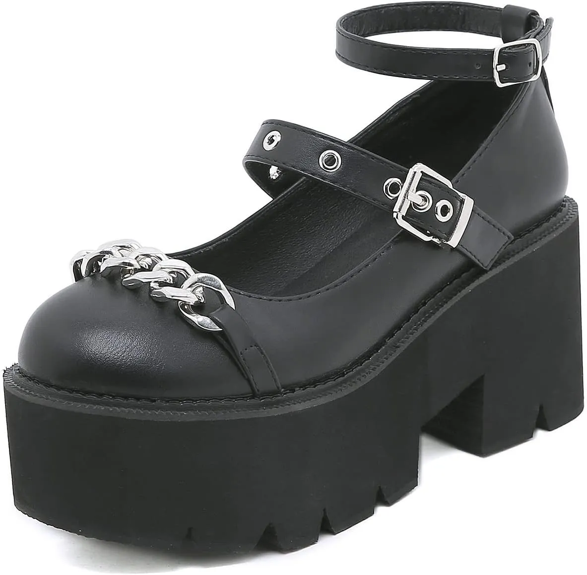 bbruriy Womens Marry Jane Platform Shoes Round Toe Chunky Heel Uniform Dress Pumps PU Leather Lolita Comfy Shoes with Chain and Belt Buckle Decoration