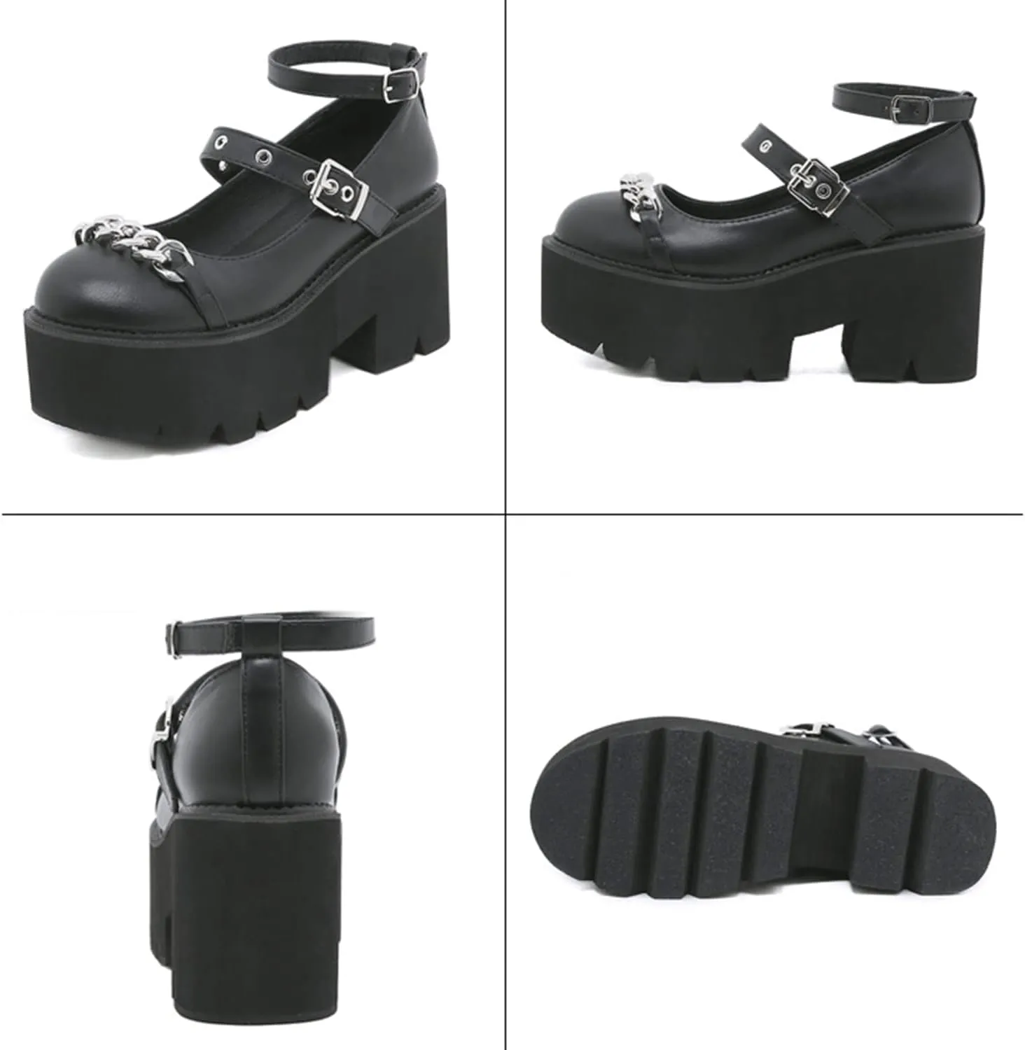 bbruriy Womens Marry Jane Platform Shoes Round Toe Chunky Heel Uniform Dress Pumps PU Leather Lolita Comfy Shoes with Chain and Belt Buckle Decoration