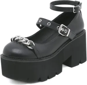 bbruriy Womens Marry Jane Platform Shoes Round Toe Chunky Heel Uniform Dress Pumps PU Leather Lolita Comfy Shoes with Chain and Belt Buckle Decoration