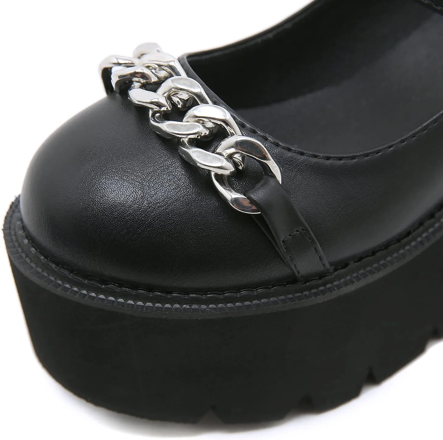 bbruriy Womens Marry Jane Platform Shoes Round Toe Chunky Heel Uniform Dress Pumps PU Leather Lolita Comfy Shoes with Chain and Belt Buckle Decoration
