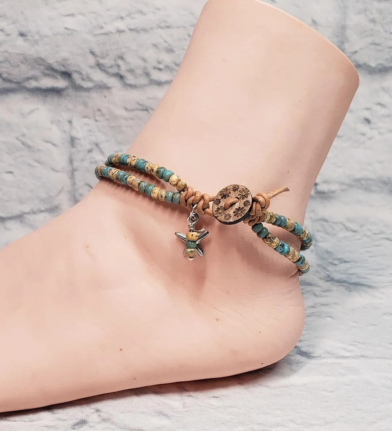Beaded Leather Wrap Anklet Women Handmade Leather Ankle Cuff Bracelet 10 Inches
