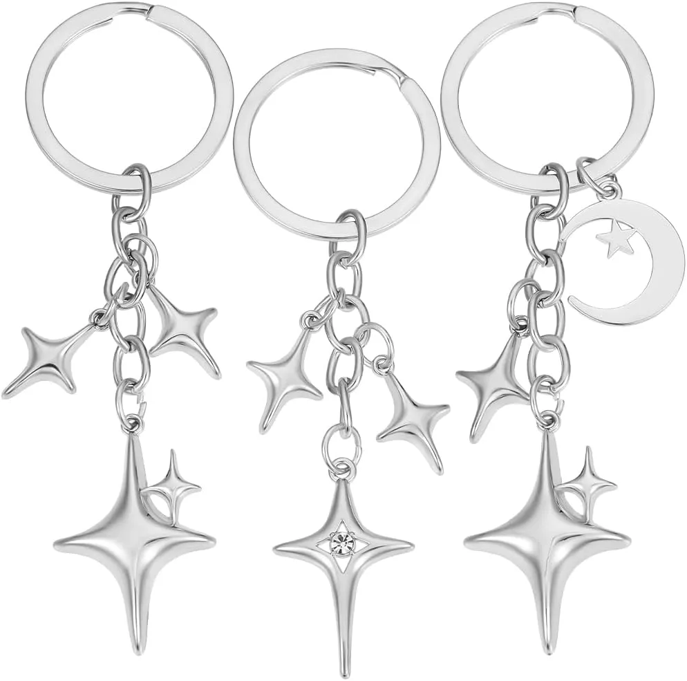 Beebeecraft 3Pcs 3 Styles Star Moon Keychain Alloy Aesthetic Silver Keychain Charms Accessories for Purse Handbag Backpack Bag Charms Car Holder