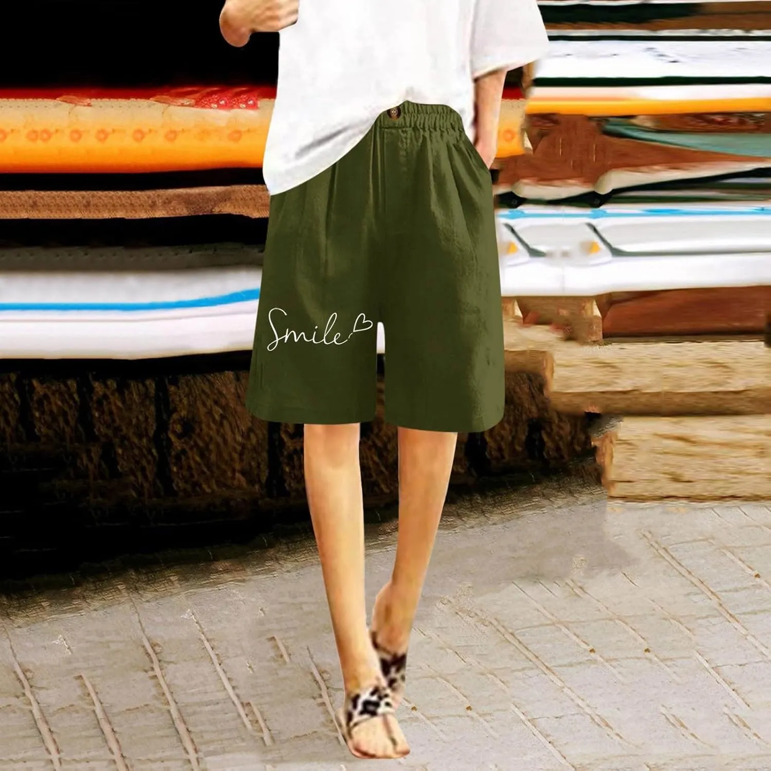Bermuda Shorts for Women Cotton Linen Elastic High Waisted Casual Loose Shorts Comfy Lightweight Summer Shorts