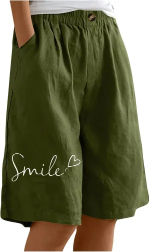 Bermuda Shorts for Women Cotton Linen Elastic High Waisted Casual Loose Shorts Comfy Lightweight Summer Shorts