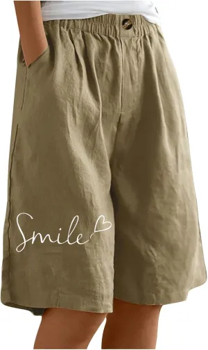Bermuda Shorts for Women Cotton Linen Elastic High Waisted Casual Loose Shorts Comfy Lightweight Summer Shorts