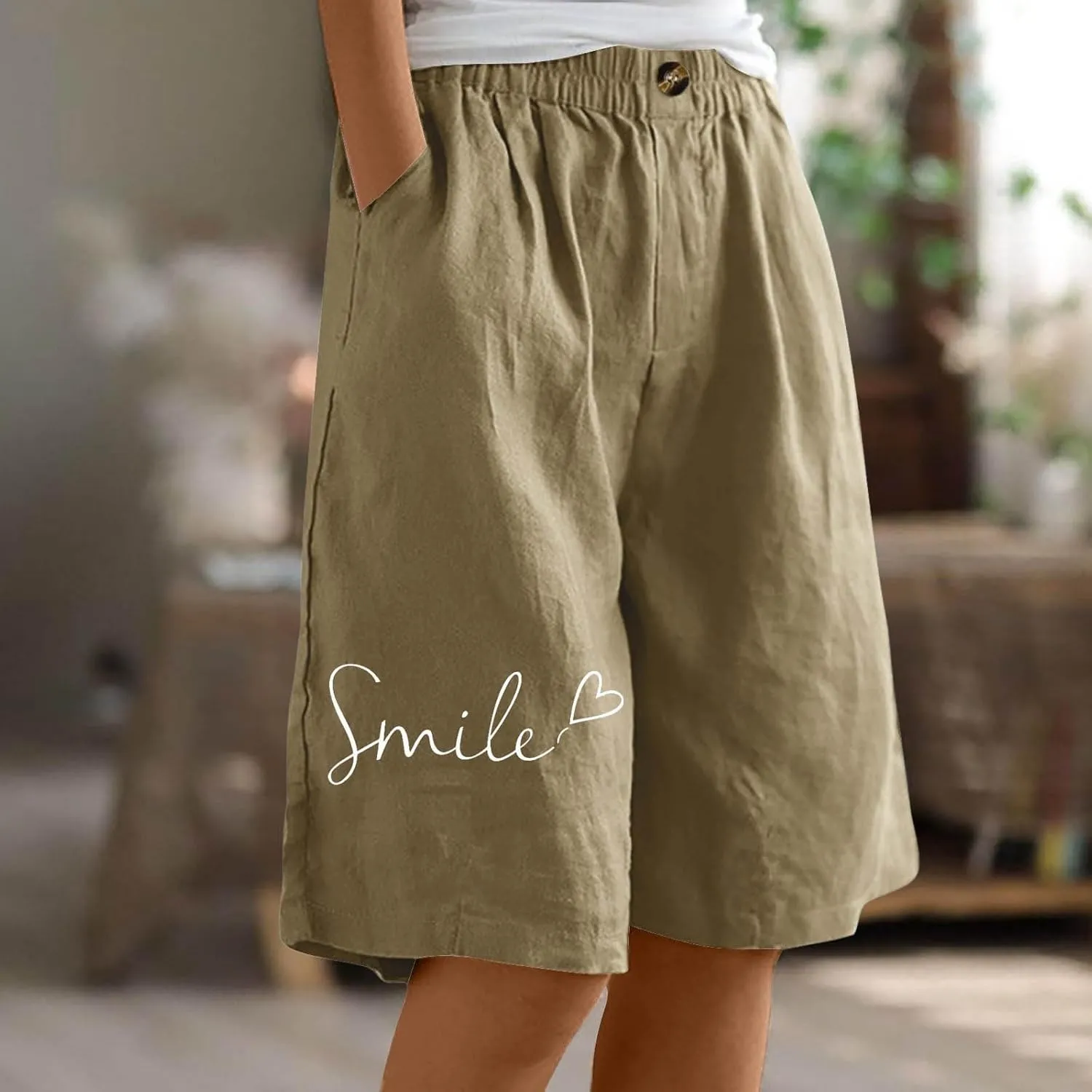 Bermuda Shorts for Women Cotton Linen Elastic High Waisted Casual Loose Shorts Comfy Lightweight Summer Shorts