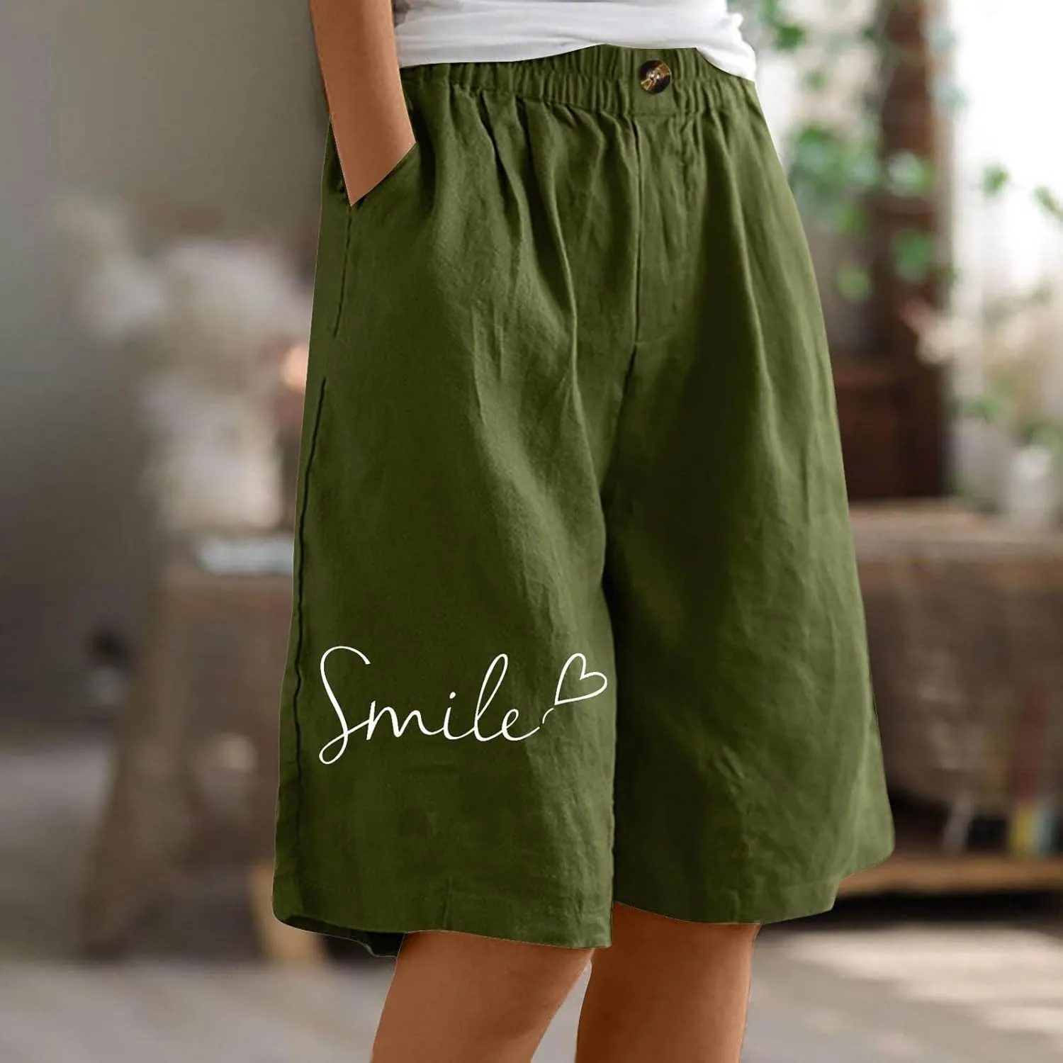 Bermuda Shorts for Women Cotton Linen Elastic High Waisted Casual Loose Shorts Comfy Lightweight Summer Shorts