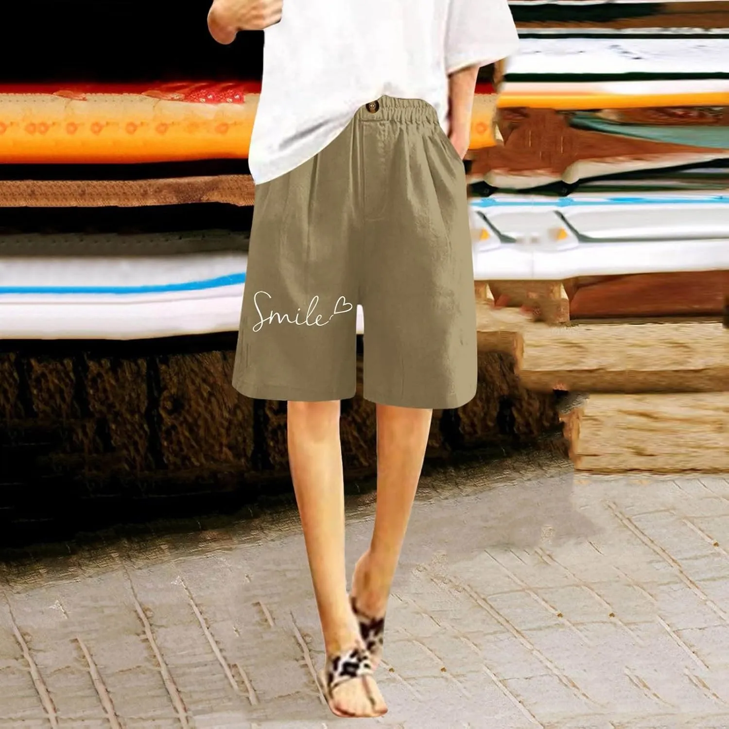Bermuda Shorts for Women Cotton Linen Elastic High Waisted Casual Loose Shorts Comfy Lightweight Summer Shorts