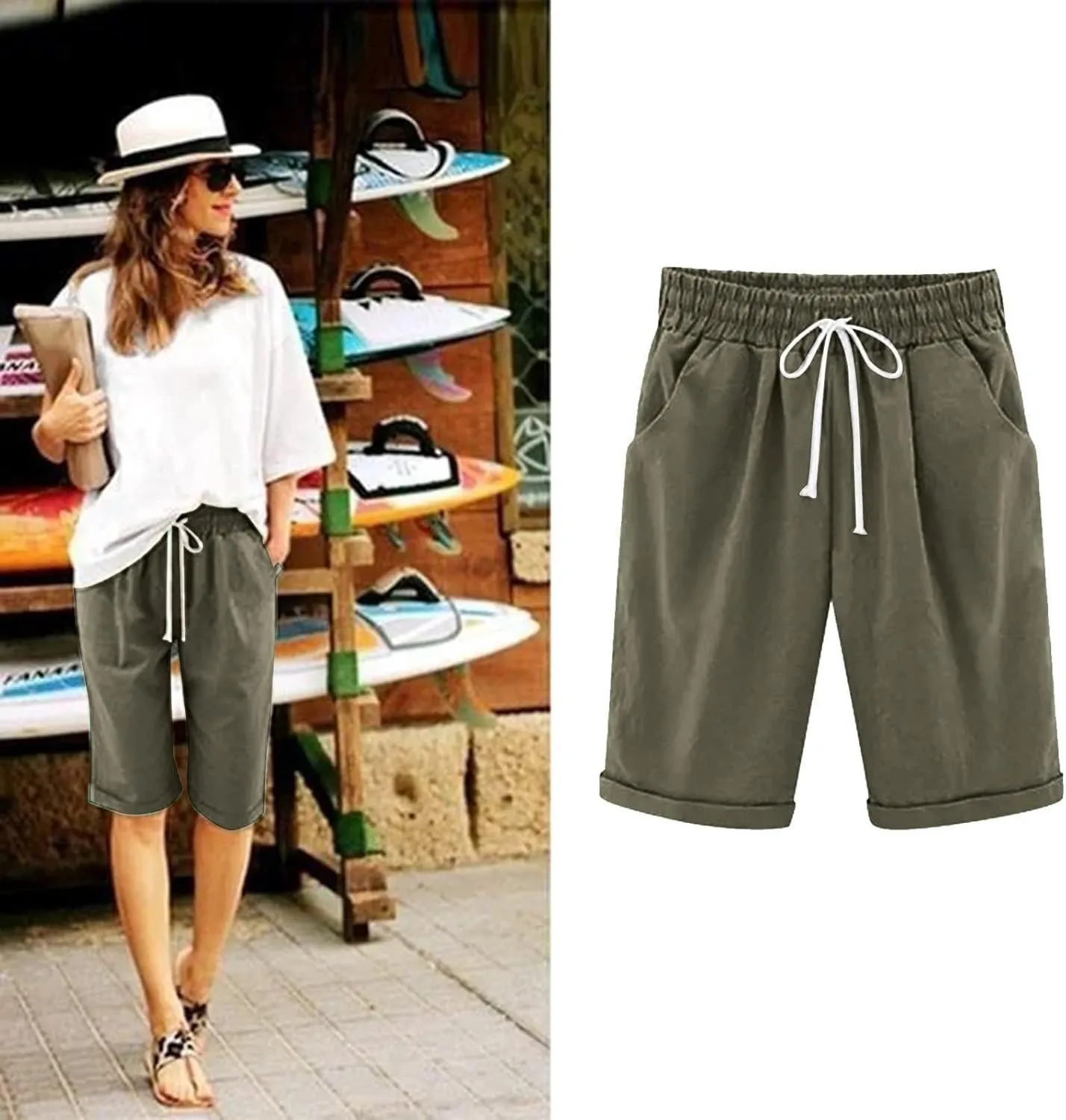 Bermuda Shorts for Women Knee Length Plus Size High Waisted Shorts Baggy Drawstring Pockets Casual Summer Shorts