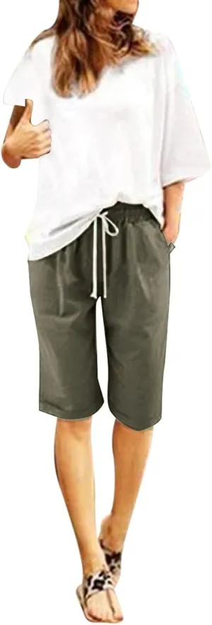 Bermuda Shorts for Women Knee Length Plus Size High Waisted Shorts Baggy Drawstring Pockets Casual Summer Shorts