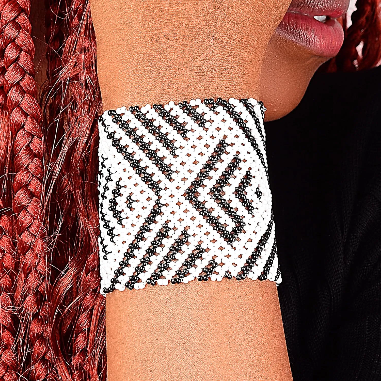 Black and White African Jewelry For Women Set - Handmade Bracelets, Anklet & Hoop Earrings for Women  Adjustable Beaded Design