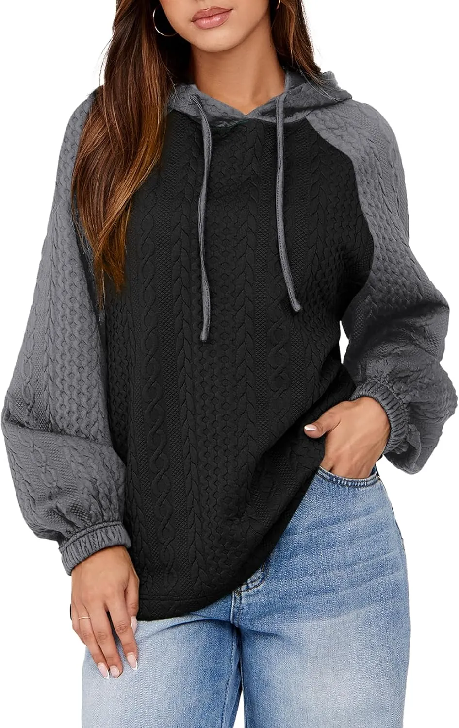 BLENCOT Women's Casual Oversized Hoodies Color Block Long Sleeve Sweatshirt Drawstring Hooded Pullover Top