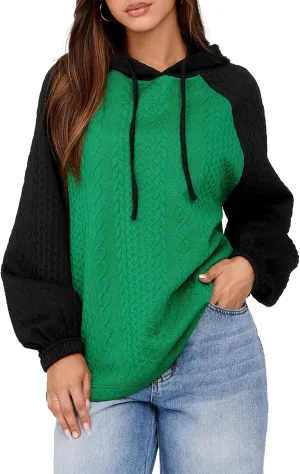 BLENCOT Women's Casual Oversized Hoodies Color Block Long Sleeve Sweatshirt Drawstring Hooded Pullover Top