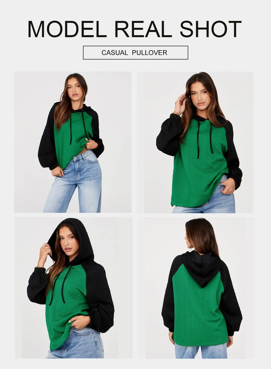 BLENCOT Women's Casual Oversized Hoodies Color Block Long Sleeve Sweatshirt Drawstring Hooded Pullover Top