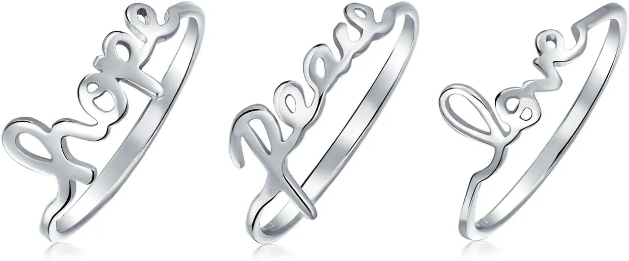 Bling Jewelry Inspirational Saying Script Words Peace Hope Love Stud Earrings or 3 Ring Stacked Set For Women Teen .925 Sterling Silver Thin 1 MM Band