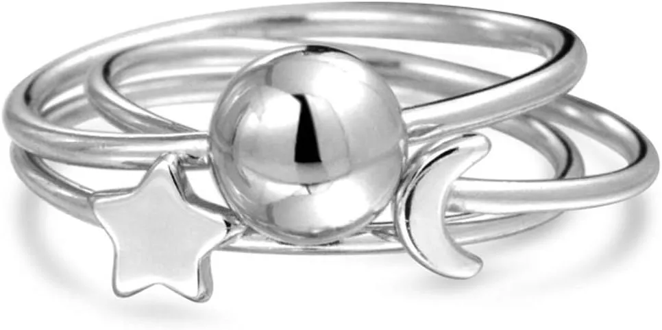 Bling Jewelry Minimalist Delicate Sun Moon Star Knuckle Thin 1MM Band Stackable Celestial Midi Three Ring Set For Women Teen .925 Sterling Silver