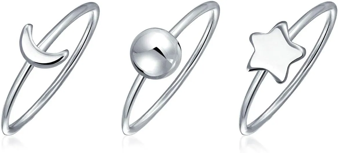 Bling Jewelry Minimalist Delicate Sun Moon Star Knuckle Thin 1MM Band Stackable Celestial Midi Three Ring Set For Women Teen .925 Sterling Silver