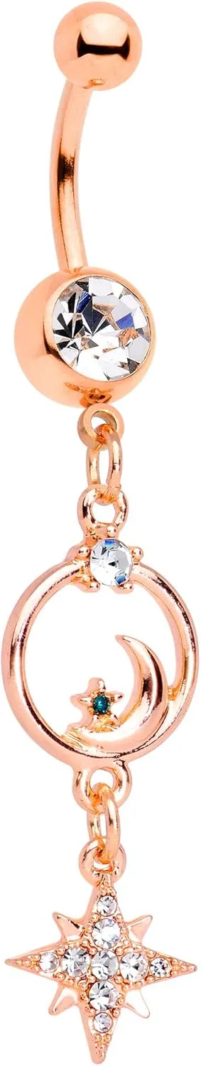 Body Candy Womens 14G Plated Steel Navel Ring Piercing Rosy Color Starry Moon Dangle Belly Button Ring