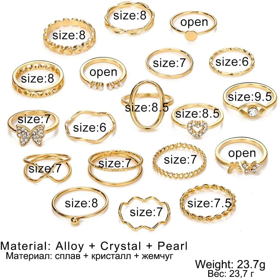 Boho Gold Sparkle Knuckle Rings Set for WomenTrendy Rhinestone Pearl Joint Ring Pack Retro Stackable Midi Finger Rings Jewelry Gifts