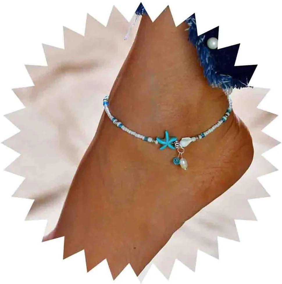 Boho Starfish Beaded Anklet Bracelets White Beads Anklet Beach Beaded Ankle Bracelet Summer Blue Starfish Foot Chain Jewelry for Women