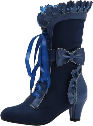 Boots for Women Gothic Dress Retro Riding Shoes for Ladies Vintage Victorian Mid Calf Lace Up Combat Boots with Bow