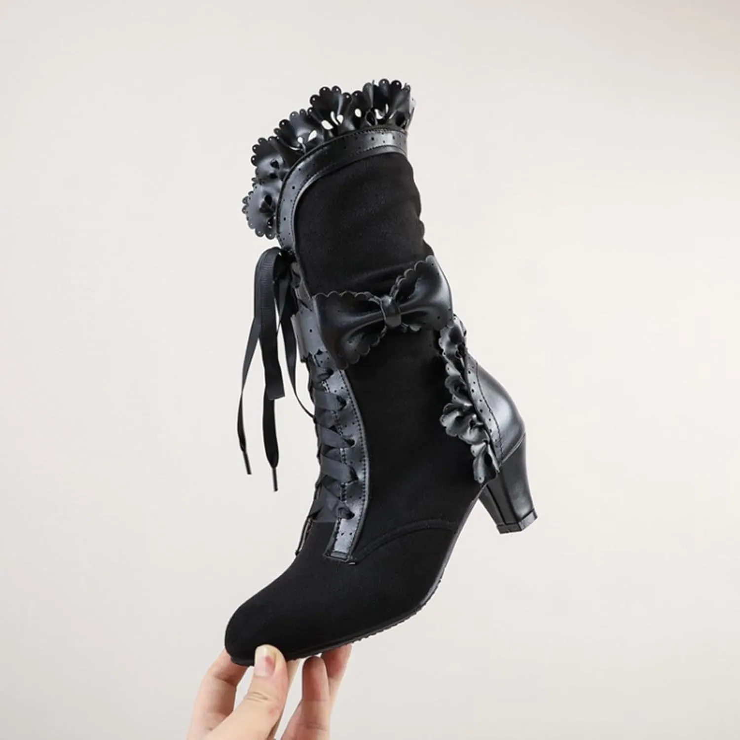 Boots for Women Vintage Victorian Boots Lace Up Mid Heel Wedding Dress Boots Lace Mid Calf Costume Retro Riding Shoes